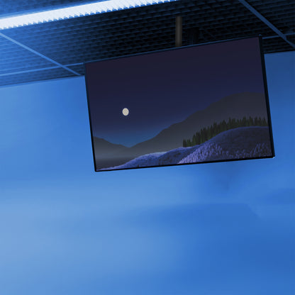 Articulating ceiling TV mount in black color in a dark blue scene. 