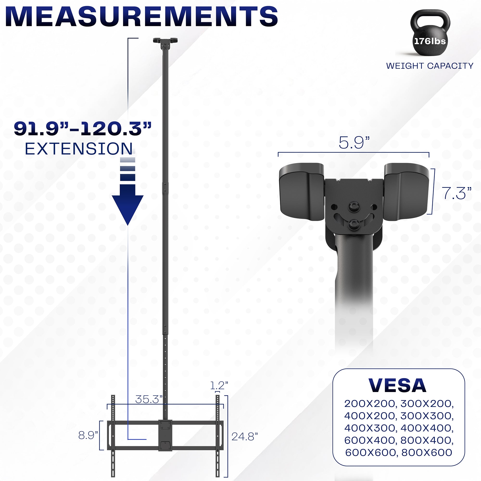 Measurement chart for Large 50” to 100” TV Ceiling Mount with Extension Pole, weight capacity, and VESA dimensions.