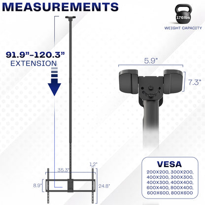 Measurement chart for Large 50” to 100” TV Ceiling Mount with Extension Pole, weight capacity, and VESA dimensions.