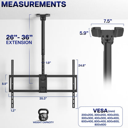 Large TV Ceiling Mount with Extension Pole - 50” to 100” Screens