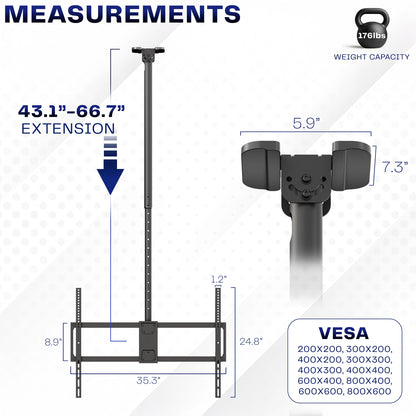 Measurement chart of a Large 50” to 100” TV Ceiling Mount with Extension Pole, weight capacity, and VESA dimensions.