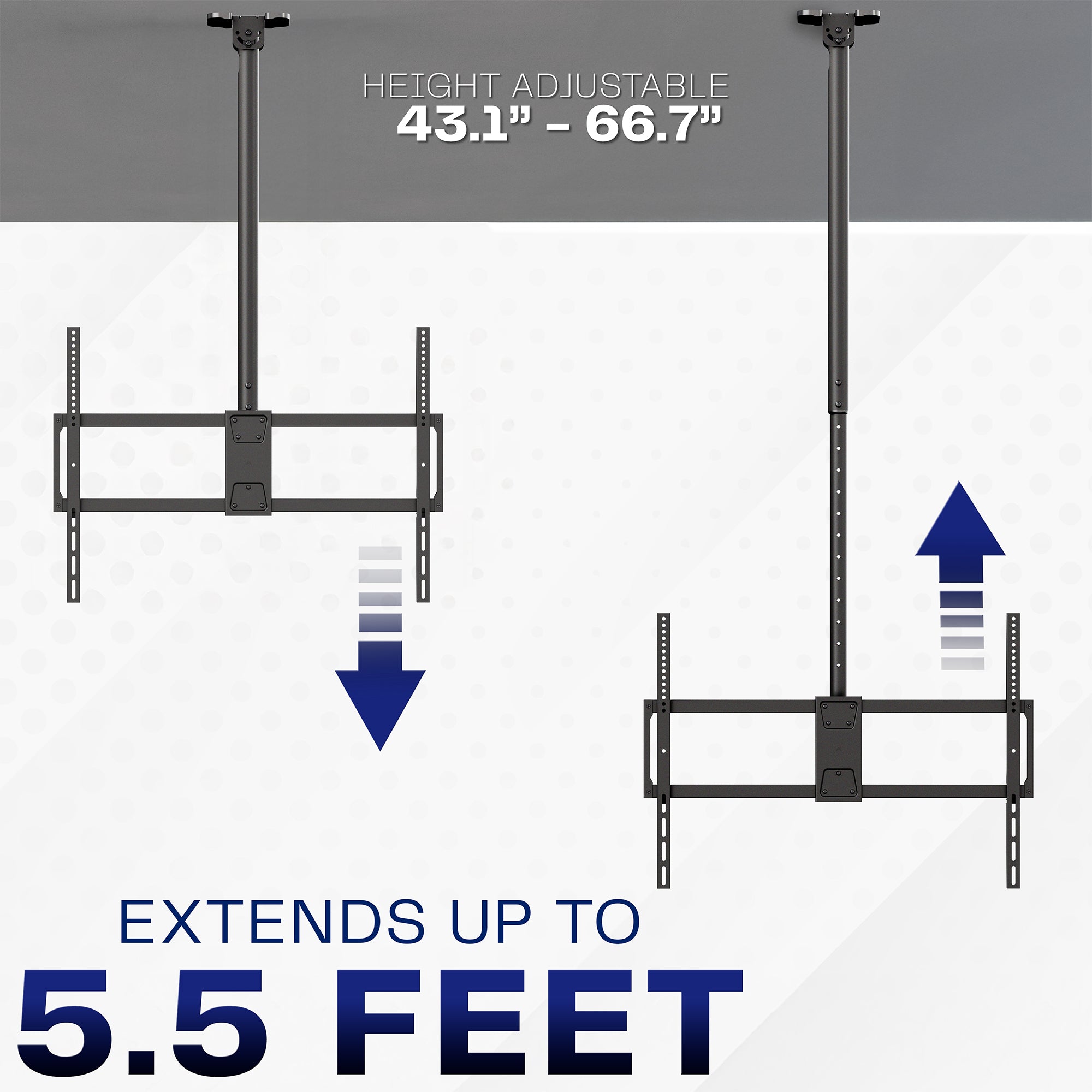 Height adjustable TV mount with measurement details on a white background