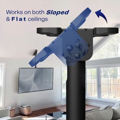 TV mount bracket with text indicating compatibility on both sloped and flat ceilings, set against a living room background.