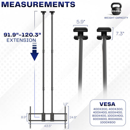 Measurement chart for a Dual Pole Extra Large 60” to 120” TV Ceiling Mount with Extension Pole, height, and VESA dimensions.