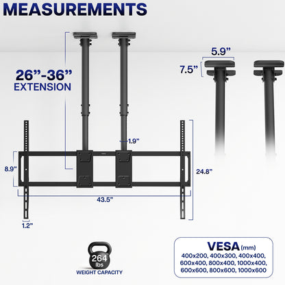 Dual Pole Extra Large TV Ceiling Mount with Extension Pole - 60” to 120” Screens