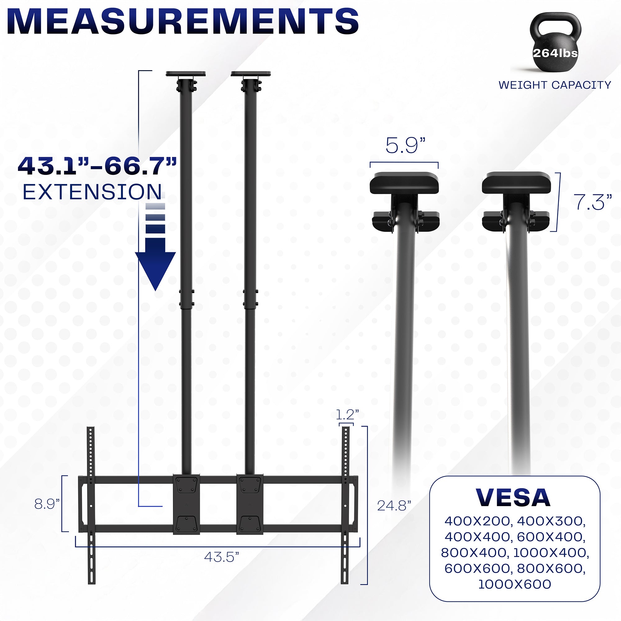 Measurement chart for a Dual Pole Extra Large 60” to 120” TV Ceiling Mount with extension, height, and VESA compatibility.