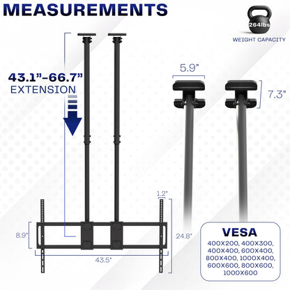 Measurement chart for a Dual Pole Extra Large 60” to 120” TV Ceiling Mount with extension, height, and VESA compatibility.
