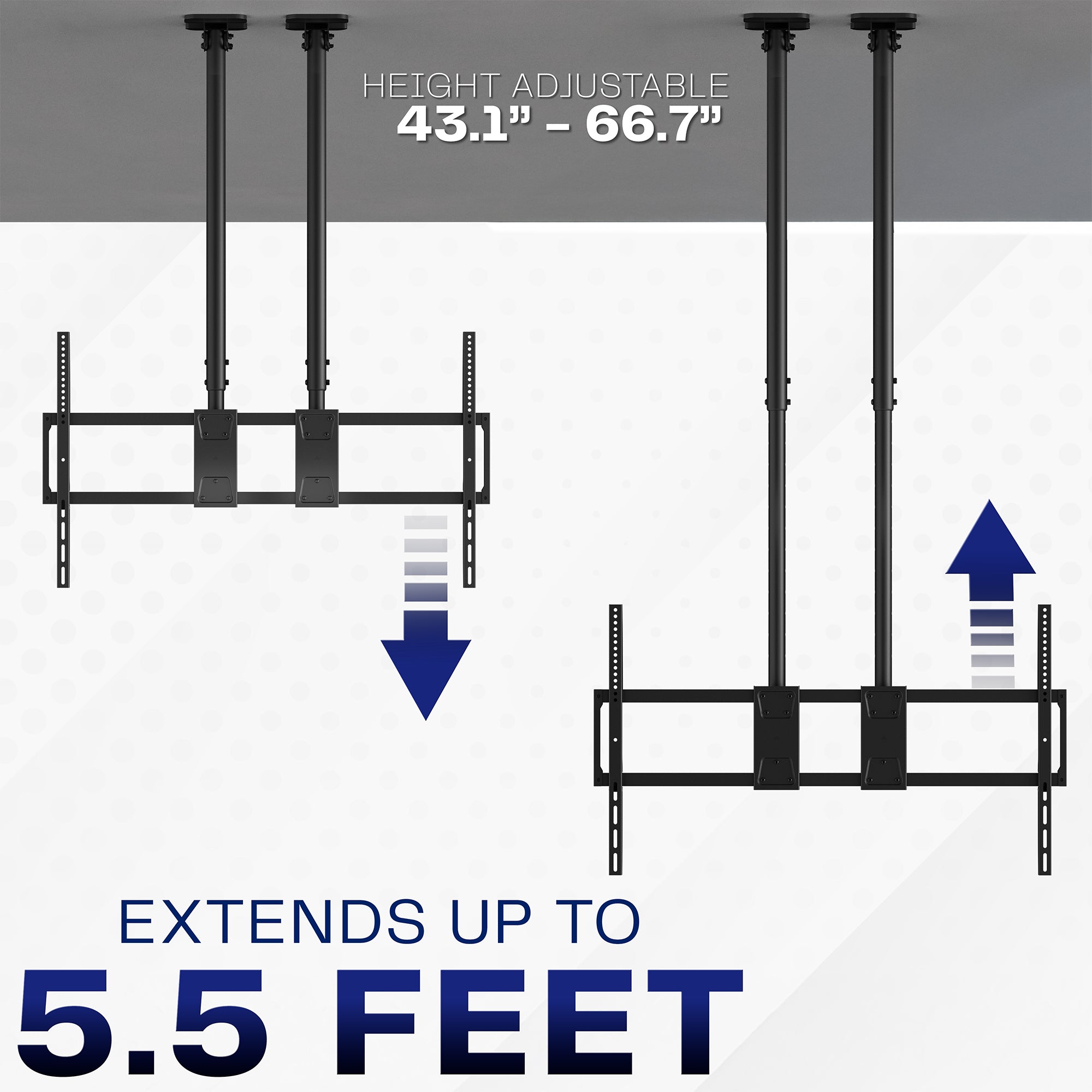 Height adjustable TV mount with extension capabilities on a white background
