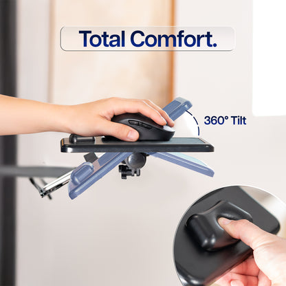 Ergonomic mouse pad with 360-degree tilt feature and 'Total Comfort' text.
