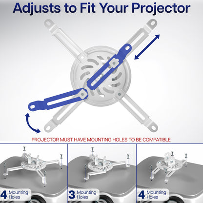 Projector mount with adjustable arm and compatibility information on a white background