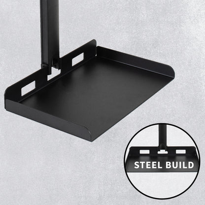 Black metal projector tray with 'Steel Build' label on a gray background