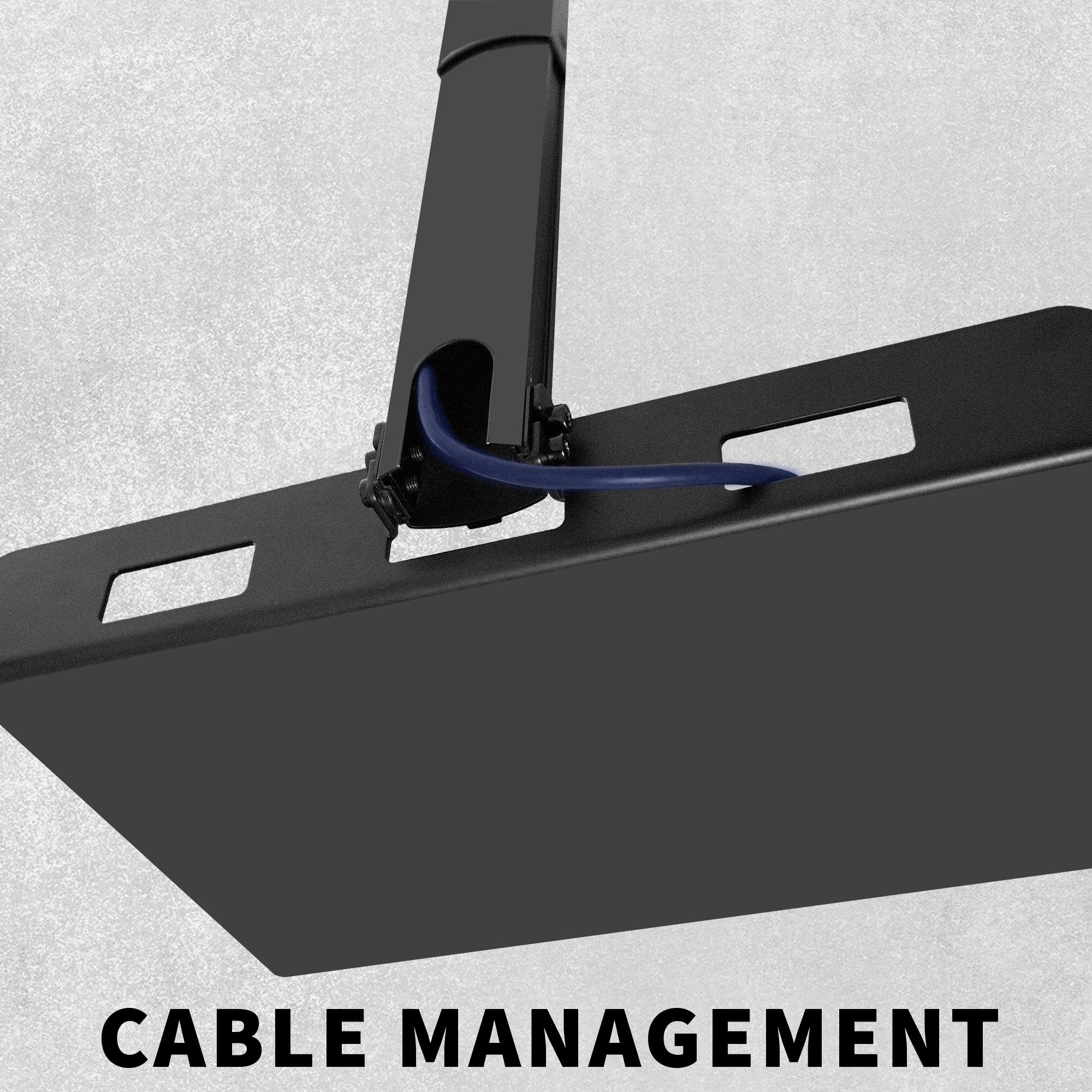 Black projector tray with cable management feature on a gray background
