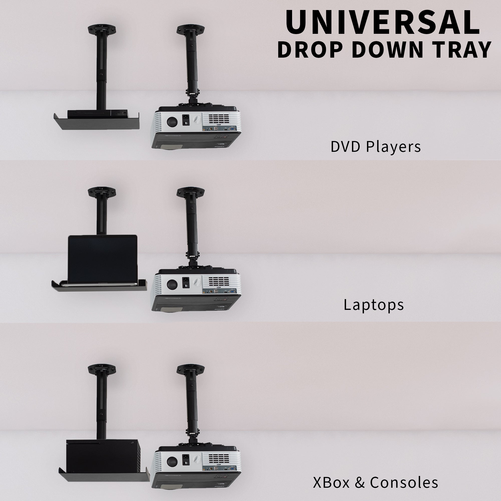 Ceiling mount projector tray with labeled positions for DVD players, laptops, and Xbox & Consoles.