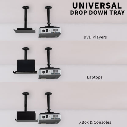 Ceiling mount projector tray with labeled positions for DVD players, laptops, and Xbox & Consoles.