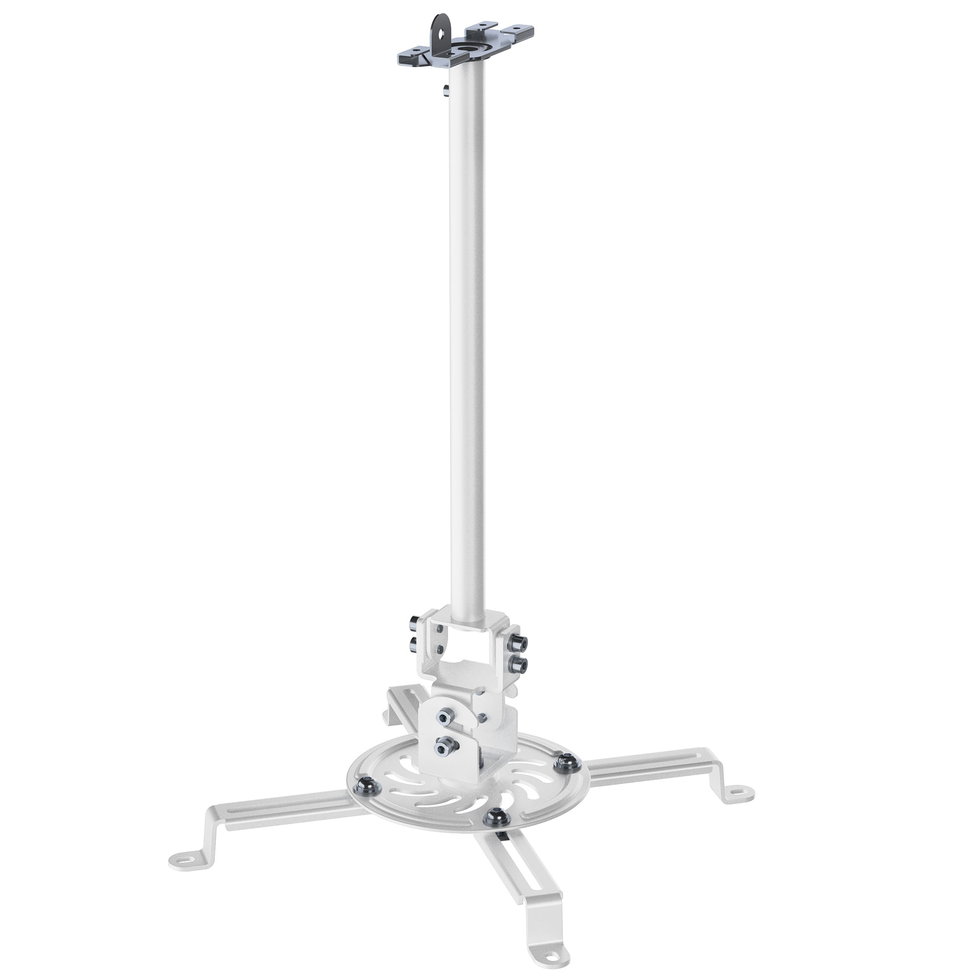 A white ceiling mount with scissor clamp designed to support projectors, featuring an adjustable length arm and a circular base.