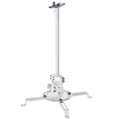 A white ceiling mount with scissor clamp designed to support projectors, featuring an adjustable length arm and a circular base.