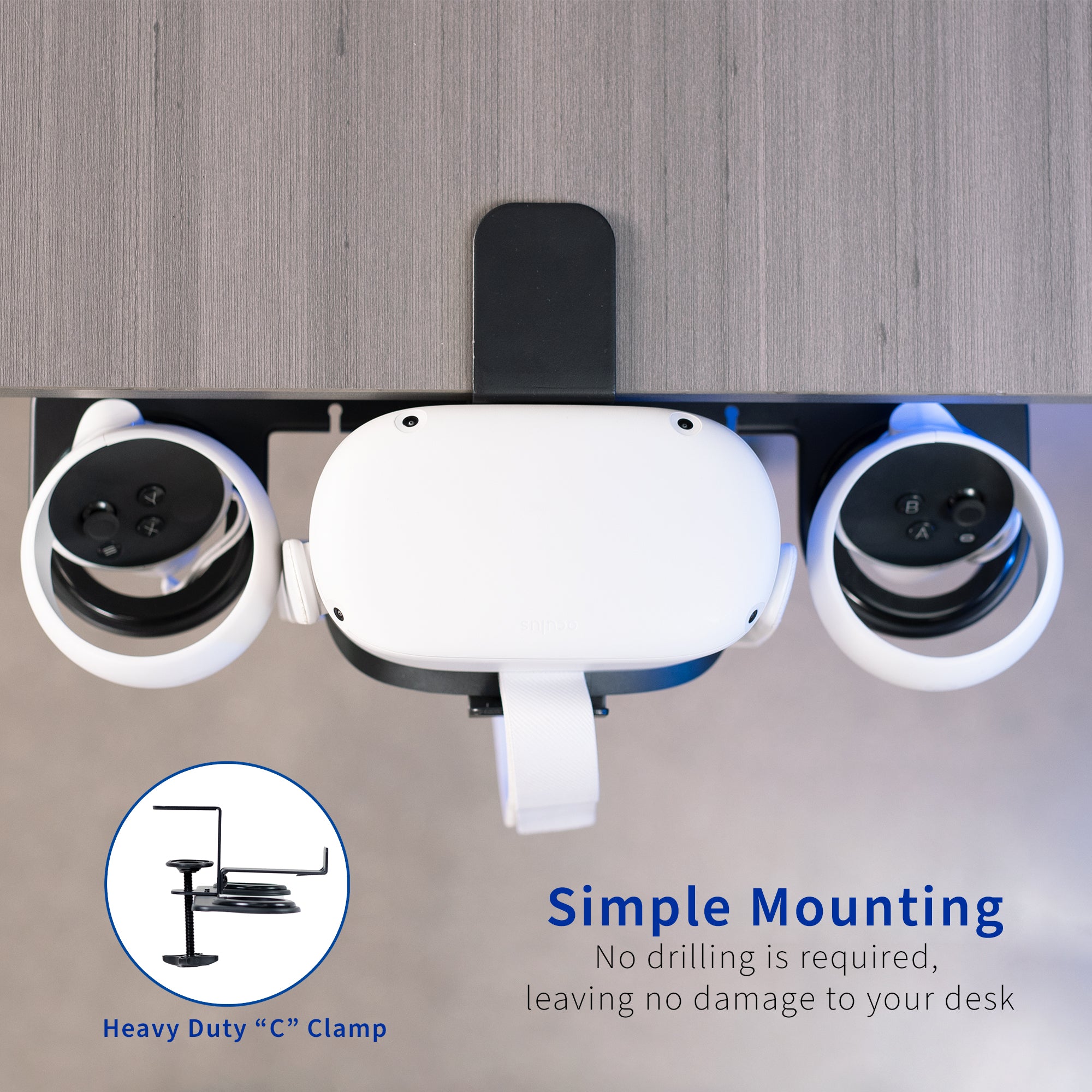 Clamp-on VR headset stand that mounts to desk for storage and convenient access.