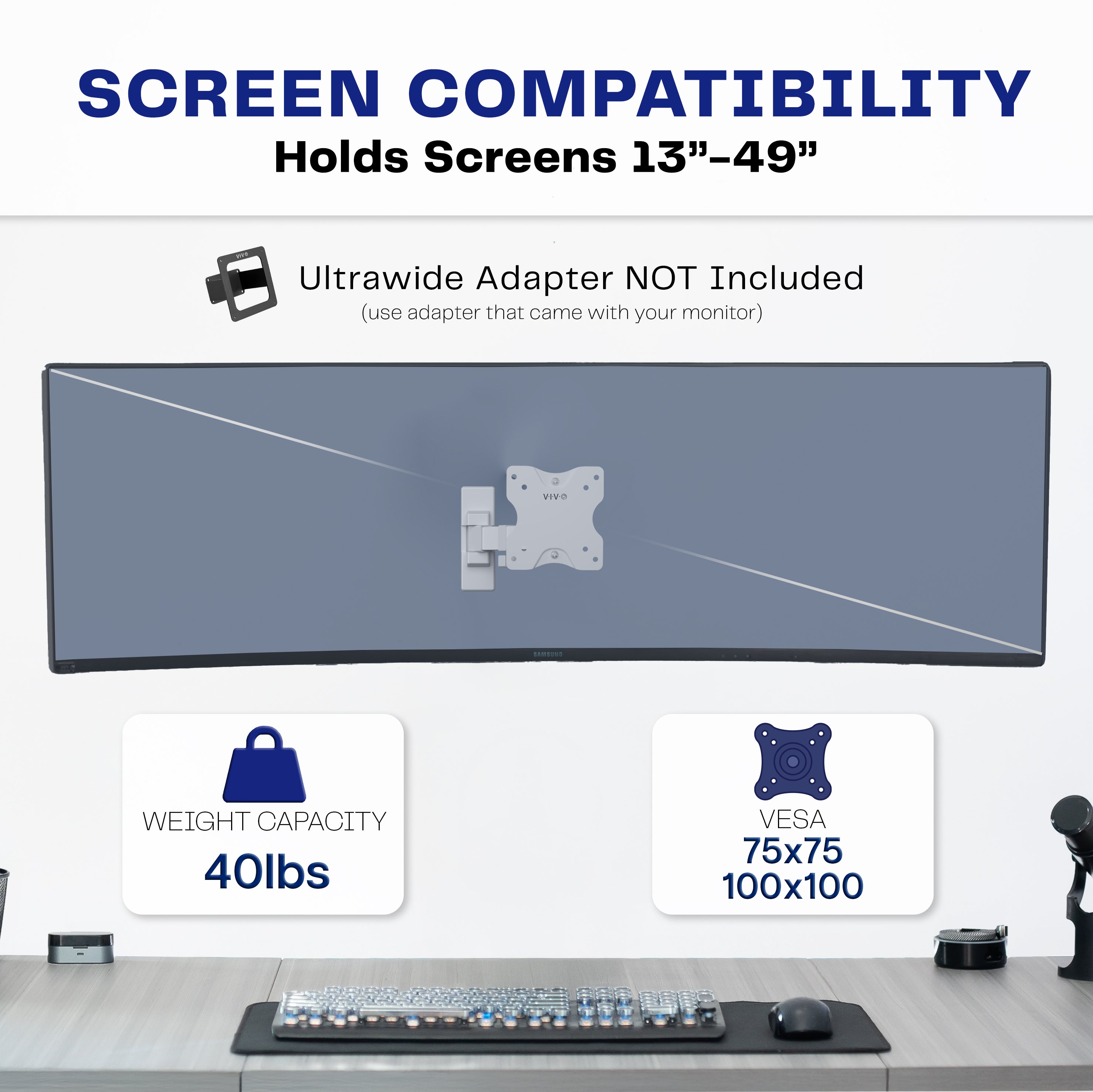 Full Motion Ultrawide Monitor Wall Mount for Screens up to 49"