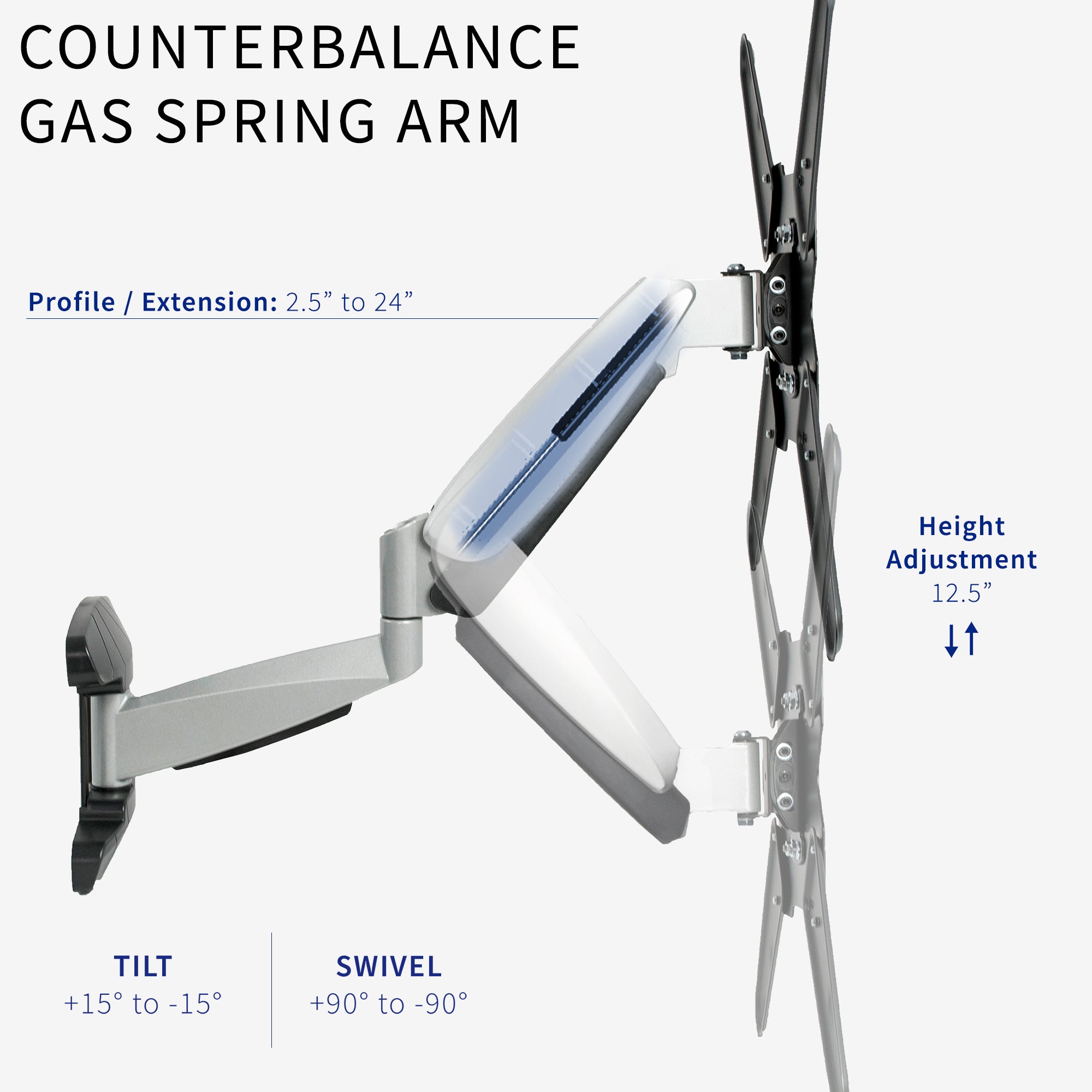 Height adjustable articulating pneumatic wall mount TV monitor arm.