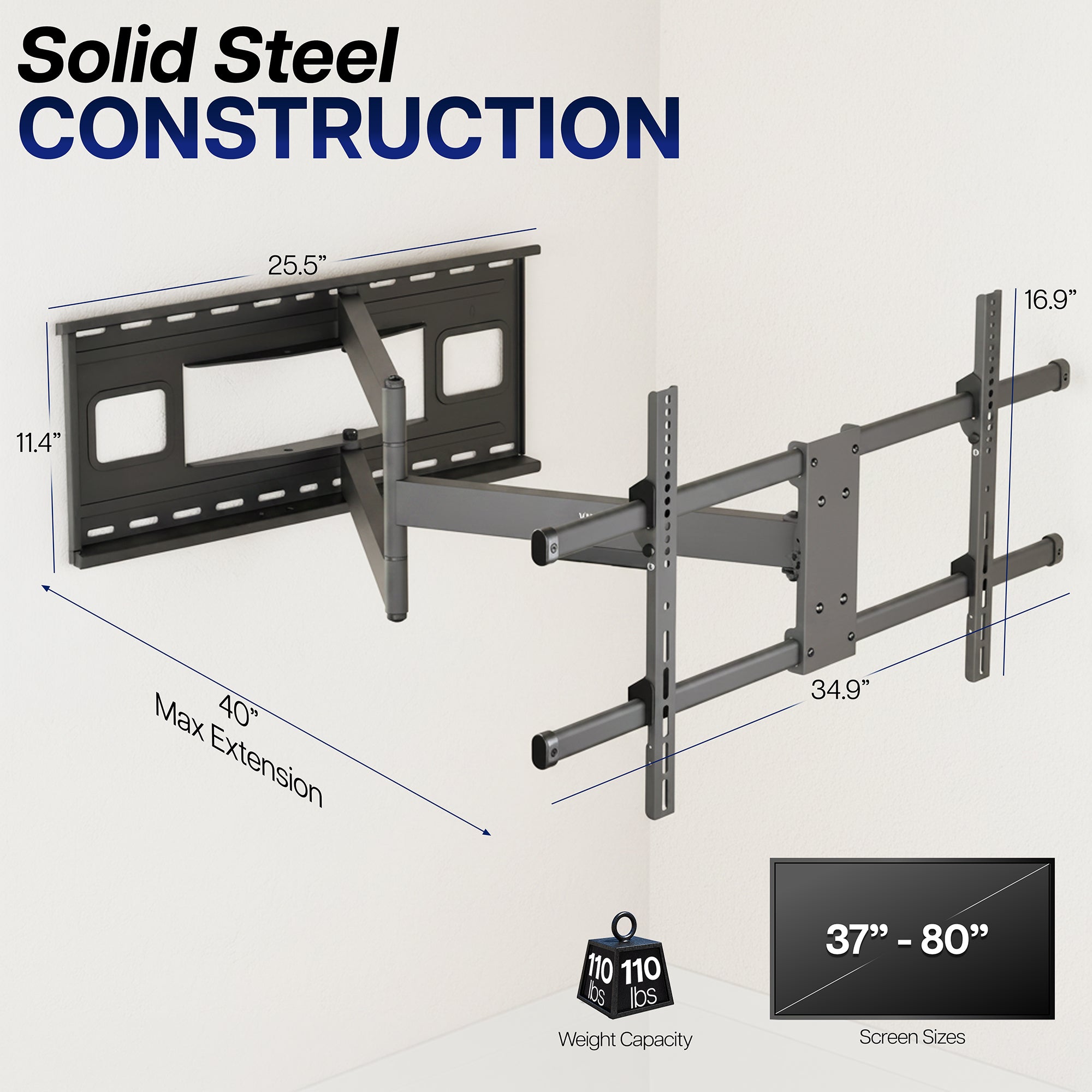 TV wall mount with dimensions and weight capacity on a white background