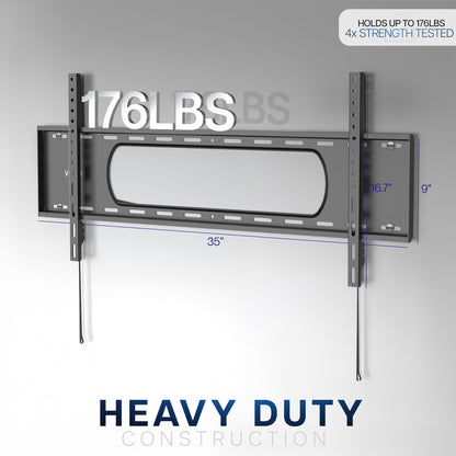 A black tilting wall mount for TVs with a visible label showing the weight capacity. 