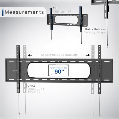 A black tilting wall mount for TVs with text displaying dimensions