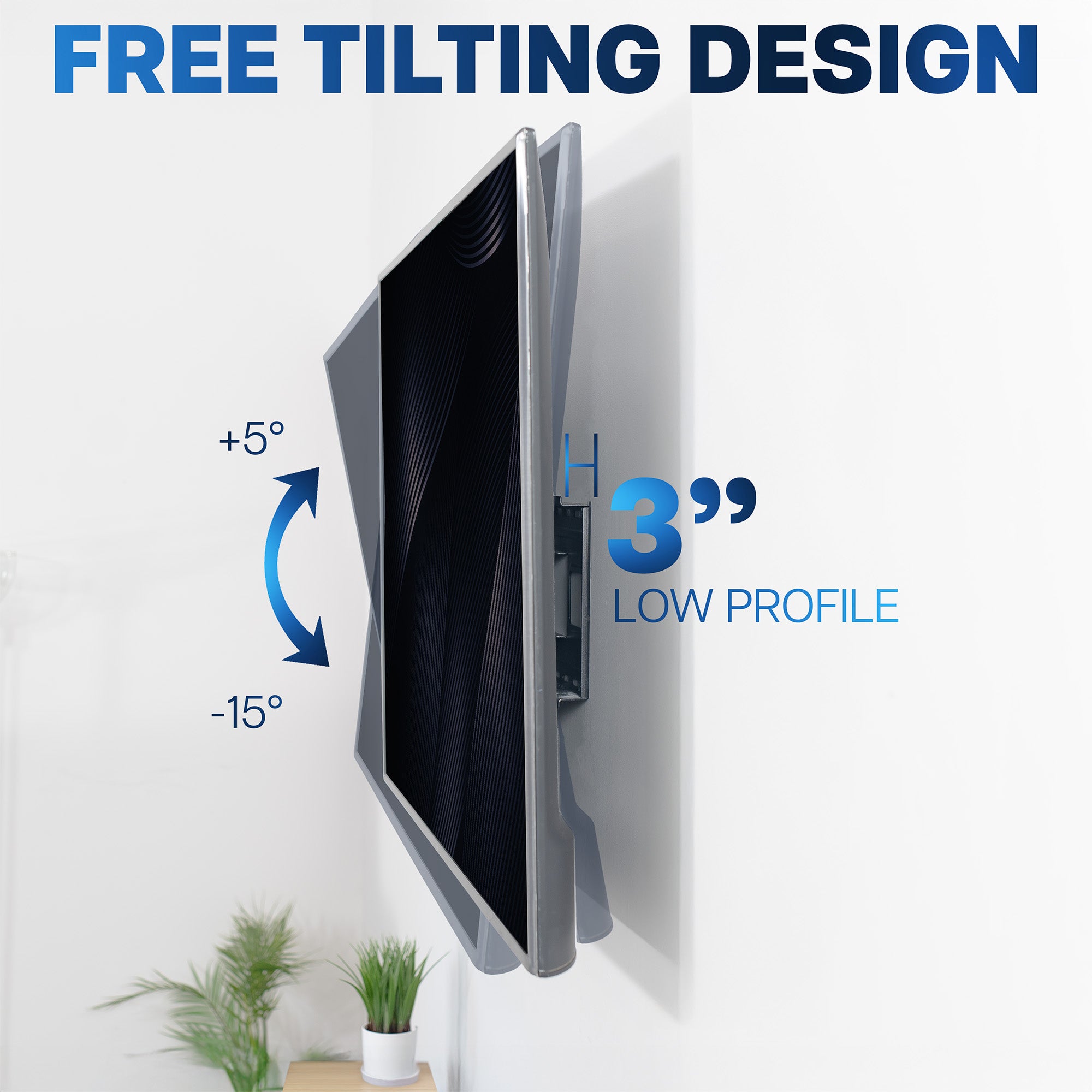 Free tilting design feature of a low profile TV wall mount with text and icons on a white background