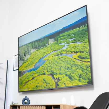A TV in a living room with a marsh scene on the screen. 