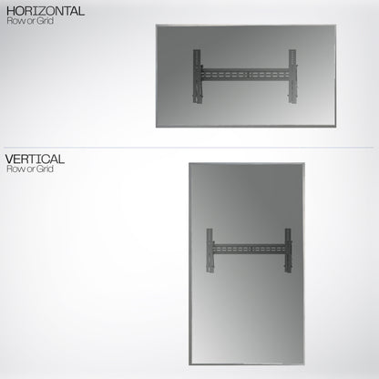 A black VESA wall mount showing a horizontal and vertical oriented design. 
