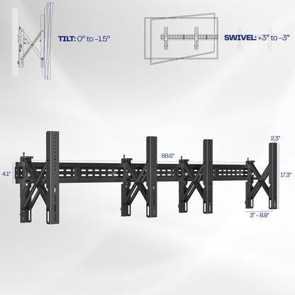 A black TV wall mount designed to hold multiple TVs with diagram showing tilt features. 
