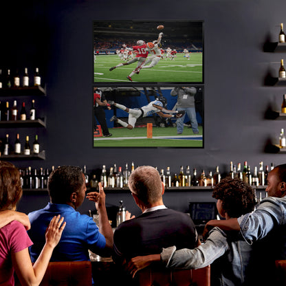 A black TV wall mount holding 2 TVs in a bar scene. 