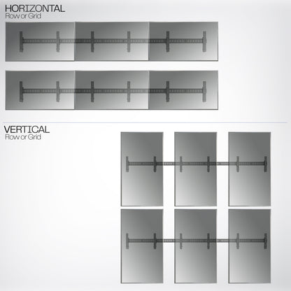 A set of black video wall mounts designed to support multiple TVs horizontally and vertically. 