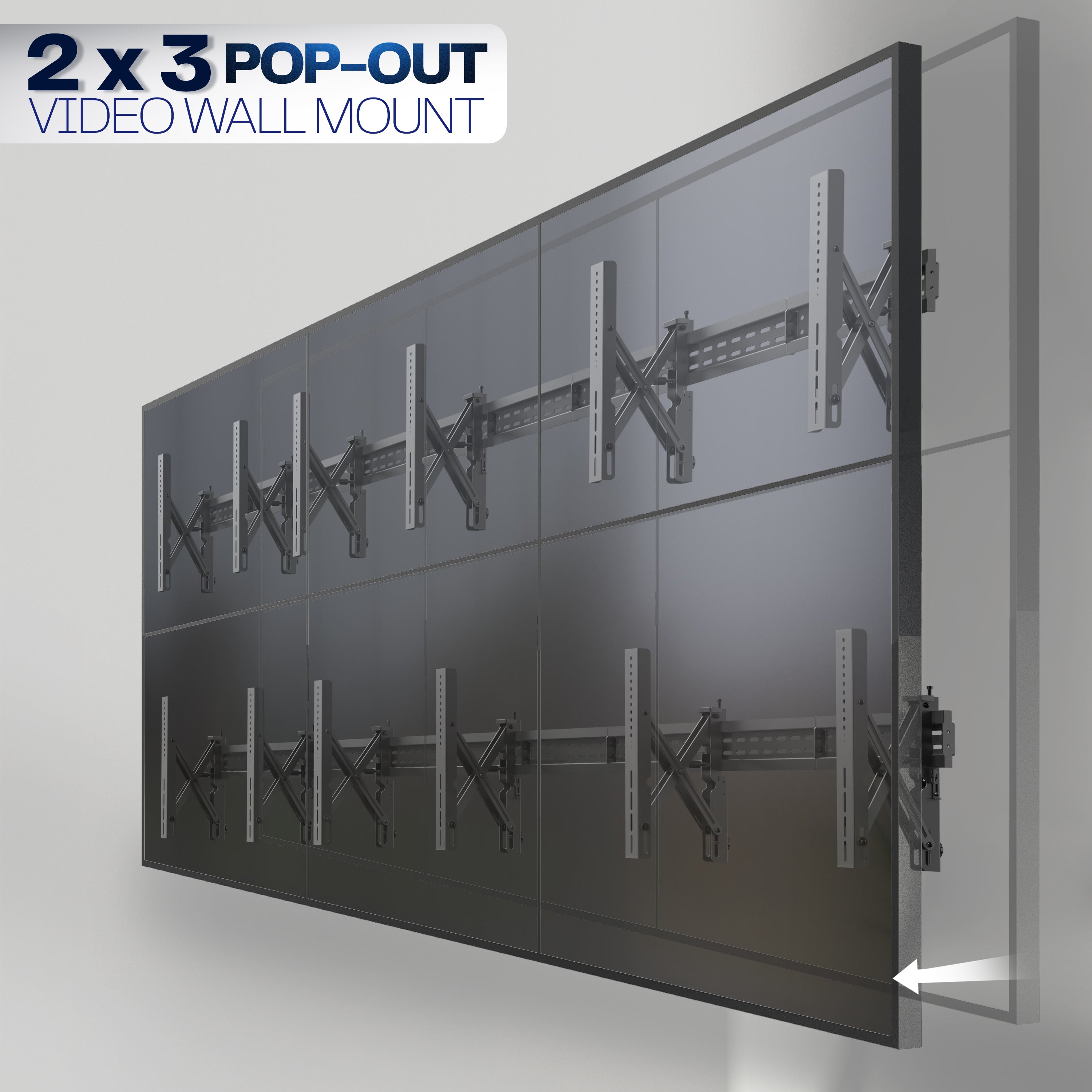A set of black video wall mounts designed to support multiple TVs with pop-out capabilities. 