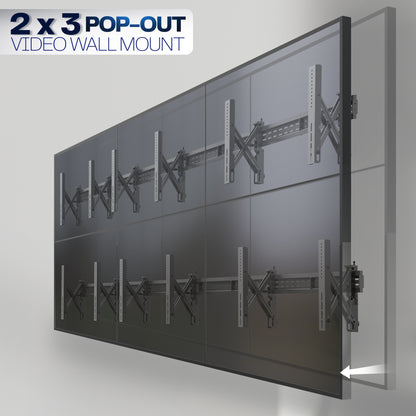 A set of black video wall mounts designed to support multiple TVs with pop-out capabilities. 