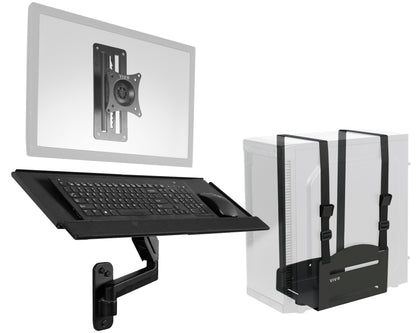 Single monitor height adjustable wall mount, articulating wall mounted keyboard tray, and PC wall mount with adjustable straps.