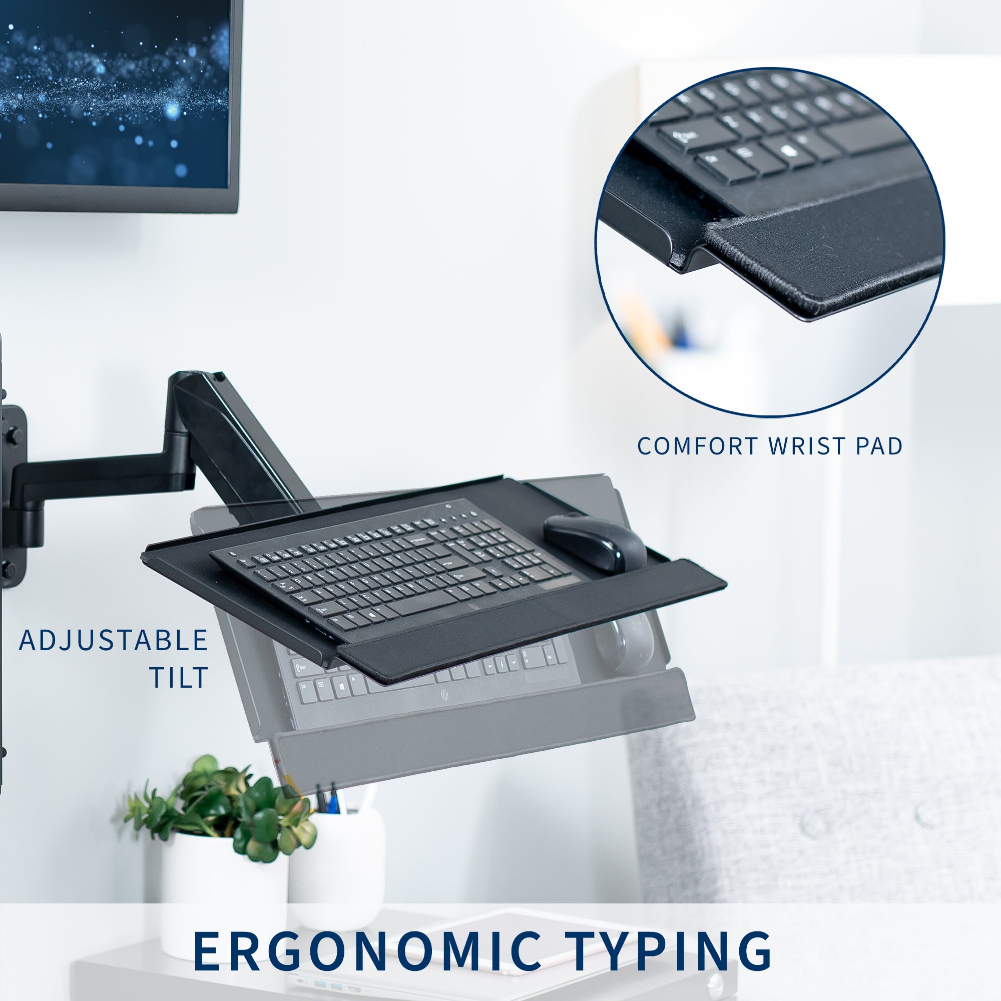 Single monitor height adjustable wall mount, articulating wall mounted keyboard tray, and PC wall mount with adjustable straps.