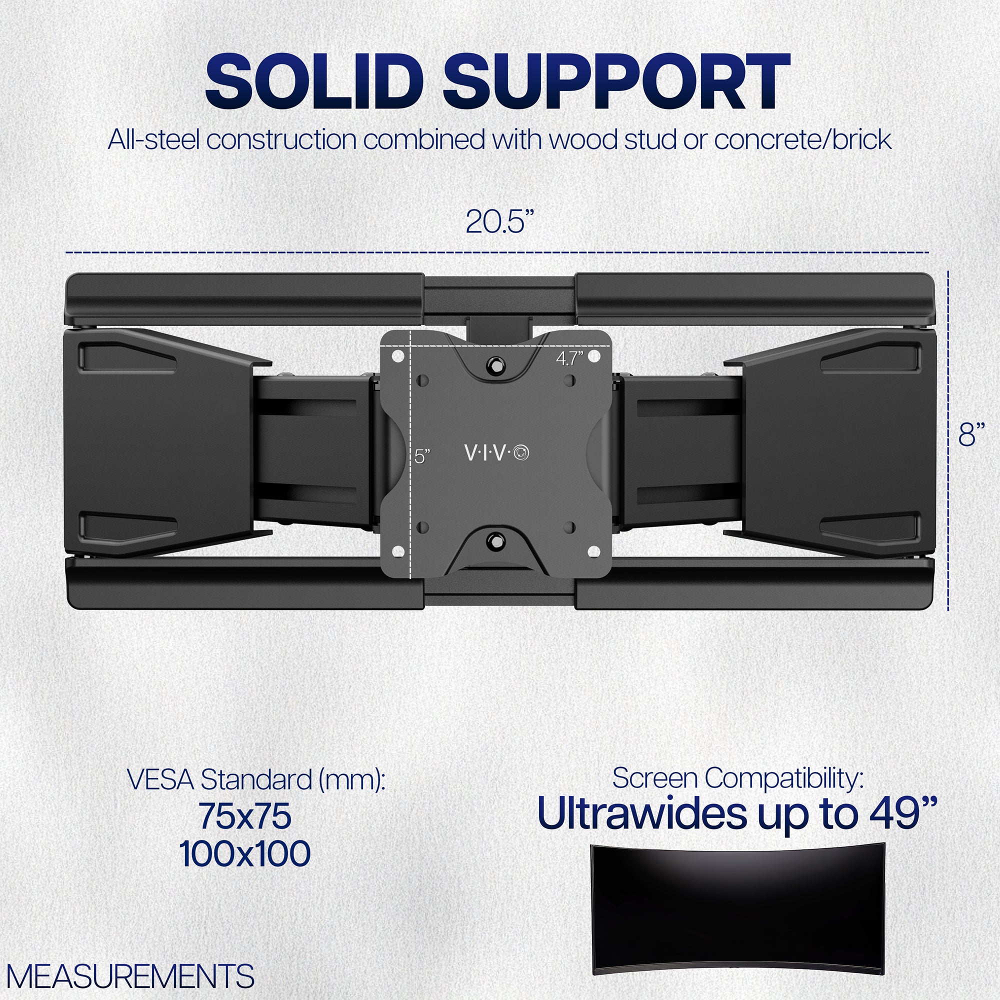Ultrawide wall mount with specifications on a light gray background