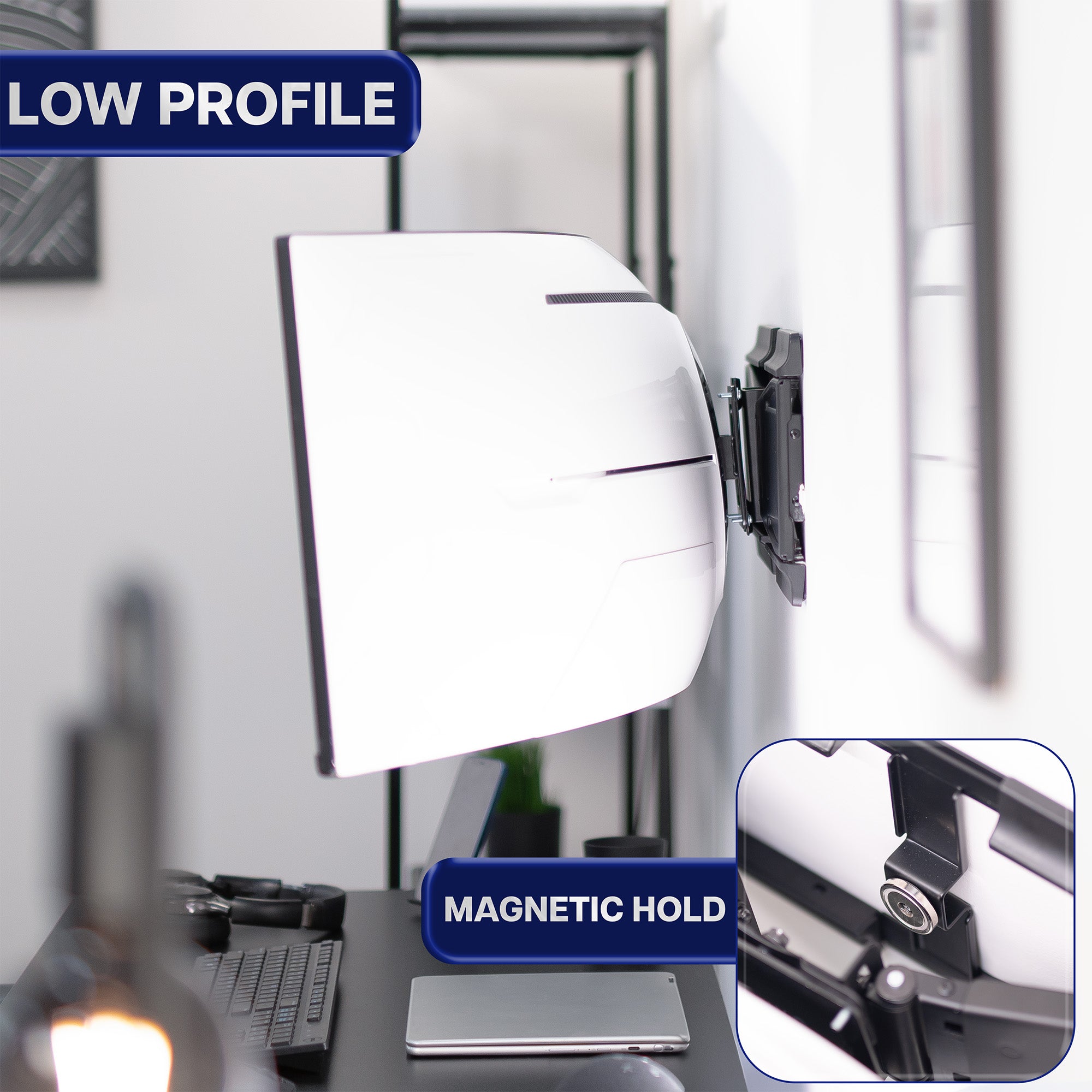 Wall-mounted ultrawide with magnetic hold feature on an office background