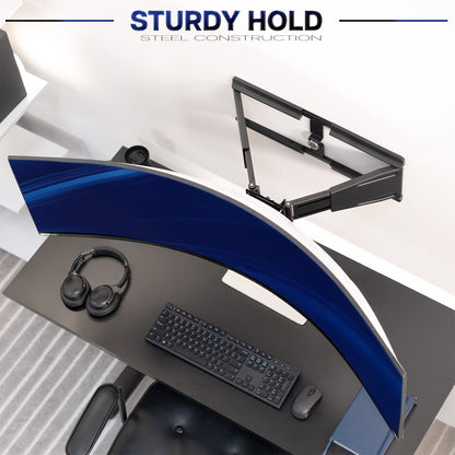 Modern office desk setup with a sturdy steel monitor wall mount, keyboard, mouse, and headphones on a white background.