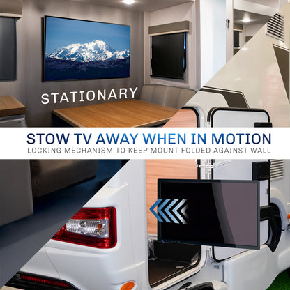 A black locking RV TV mount with articulating arm by VIVO displaying text