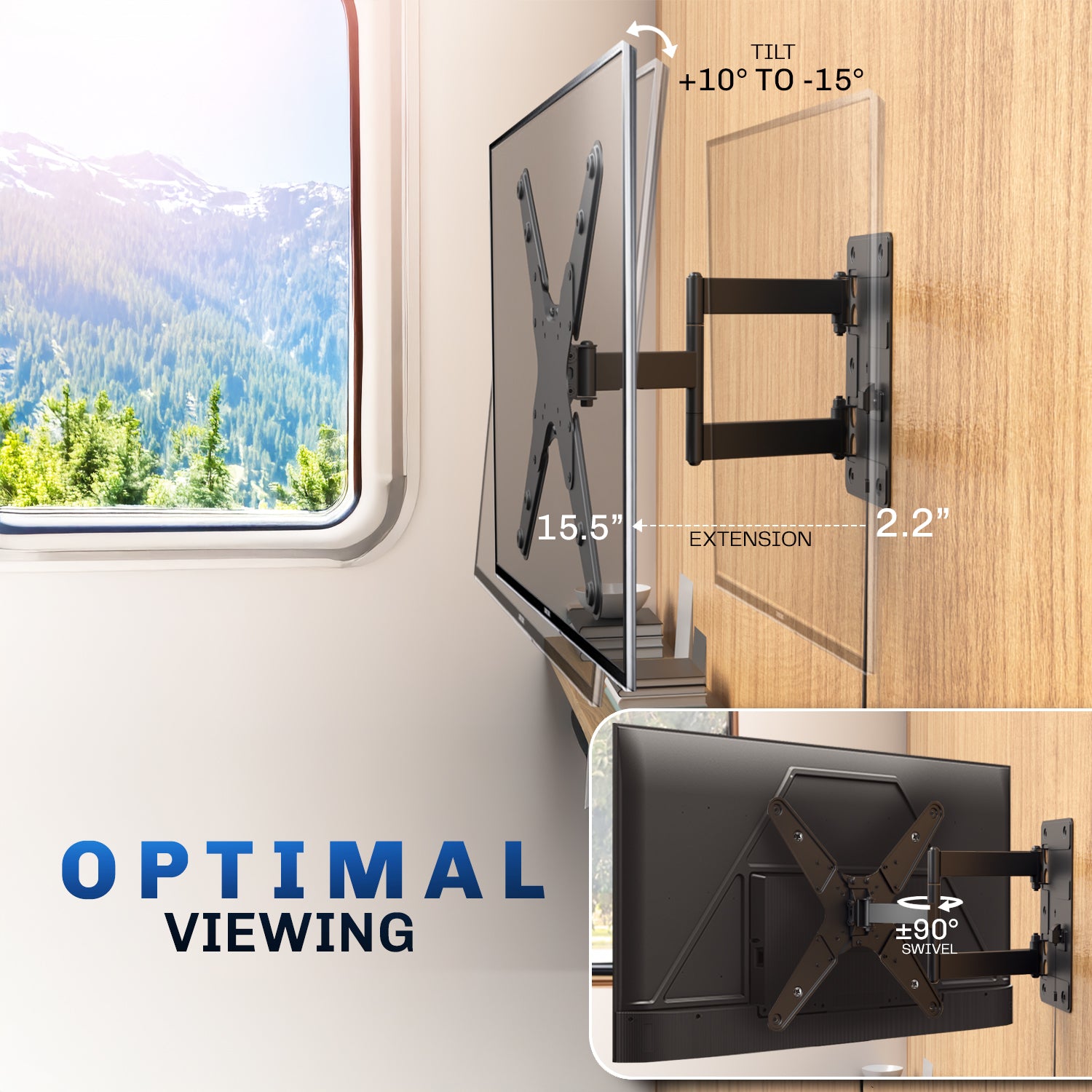 A black locking RV TV mount with articulating arm by VIVO with text on optimal viewing angle.