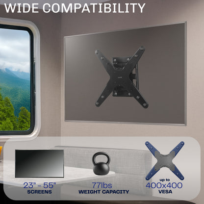 A black locking RV TV mount with articulating arm by VIVO with compatibility text.