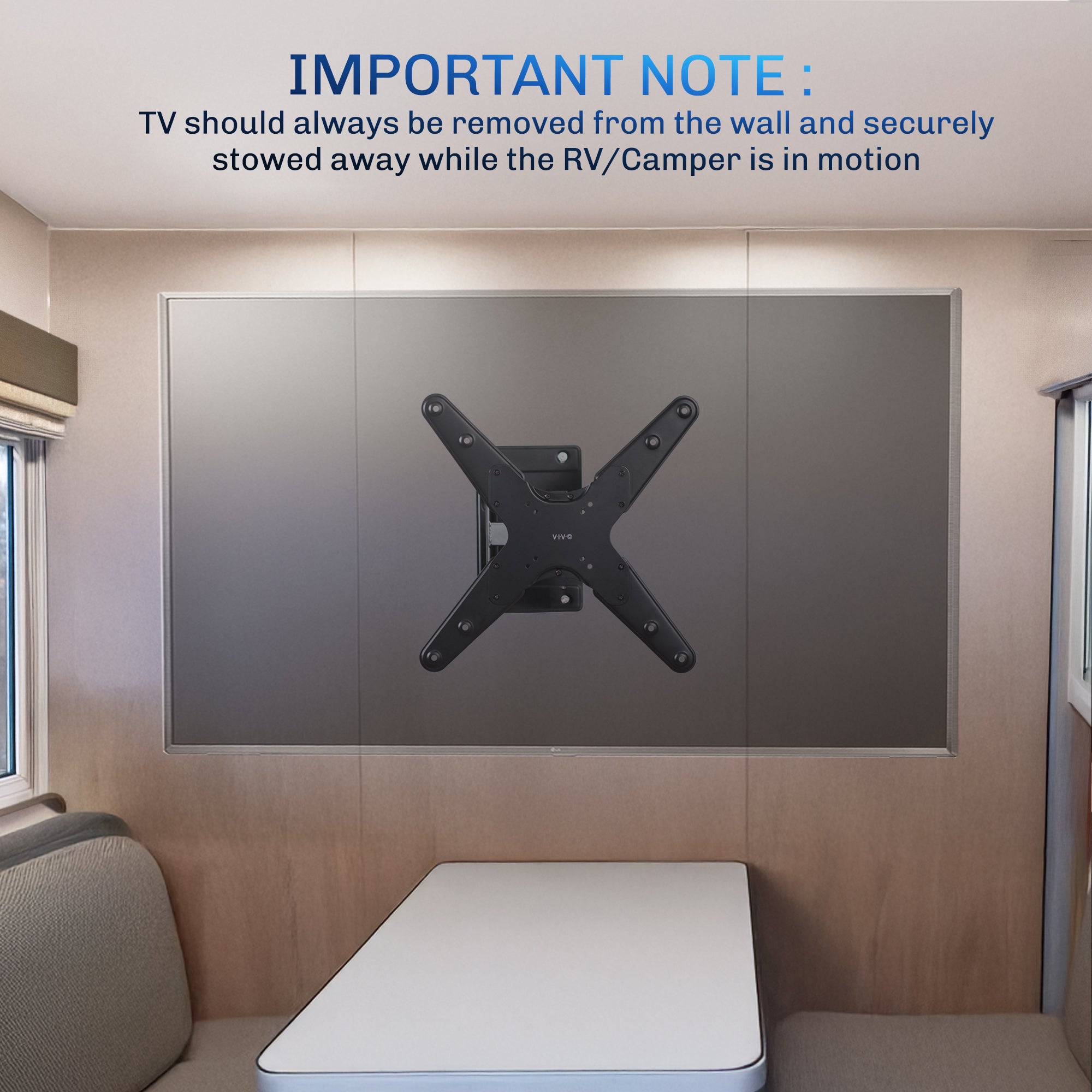 A black locking RV TV mount with articulating arm by VIVO with text. 
