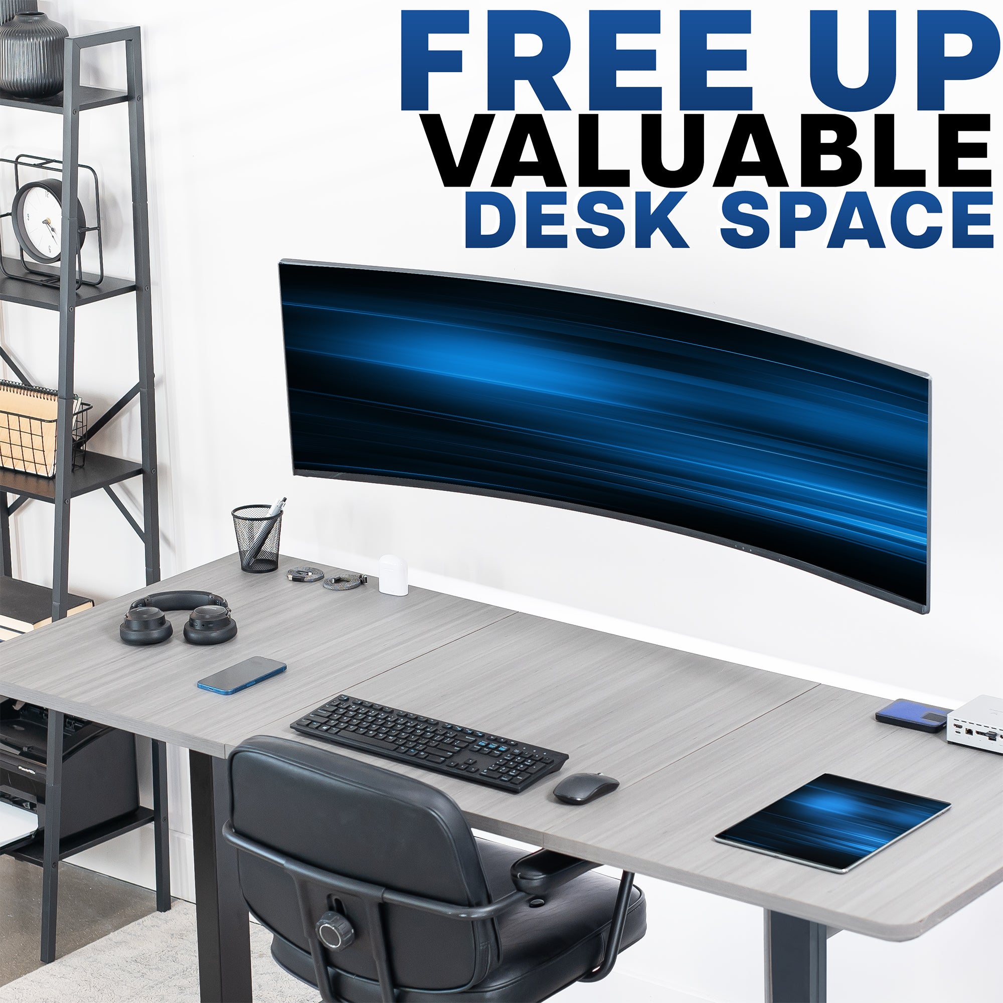 Free up valuable desk space by mounting to wall.