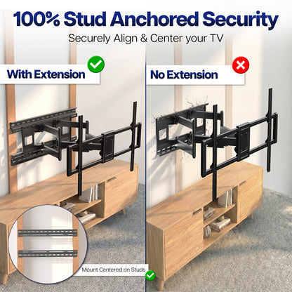 Comparison of TV mount with and without Wall and Ceiling Plate Extension Brackets on a wooden entertainment console.