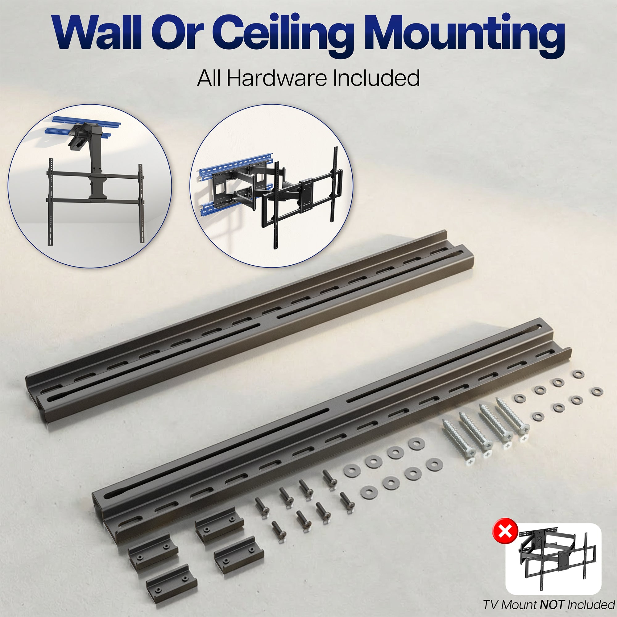 Wall and Ceiling Plate Extension Brackets hardware kit with brackets and screws on a white background.