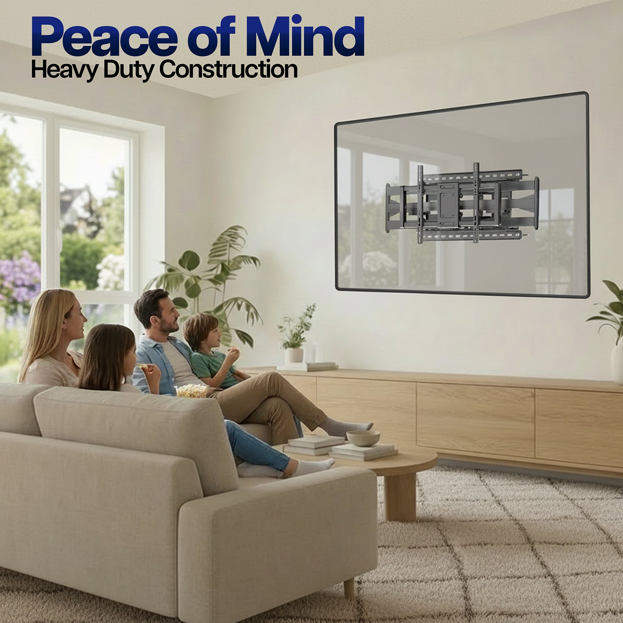 Family in a living room with a large TV mounted on the wall, featuring 'Peace of Mind Heavy Duty Construction' text.