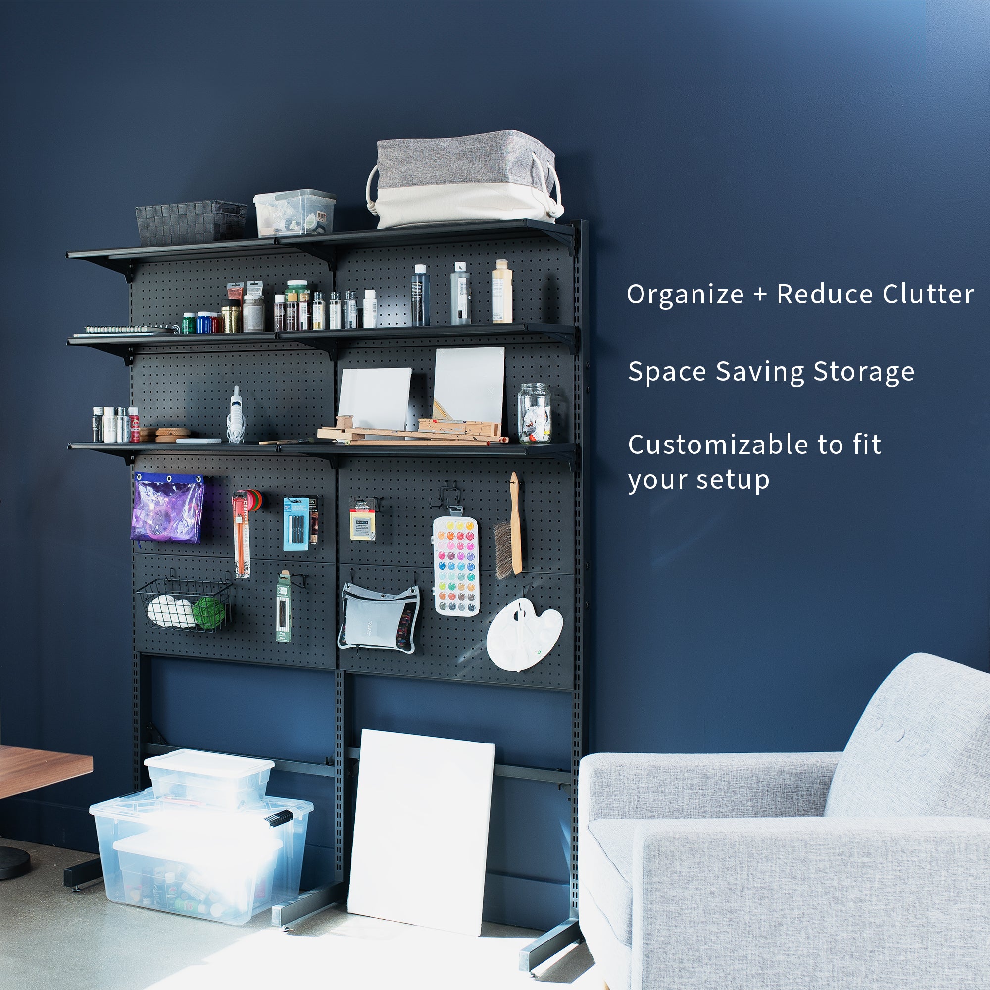 Large freestanding pegboard organizer with customizable setup for organization and space saving.