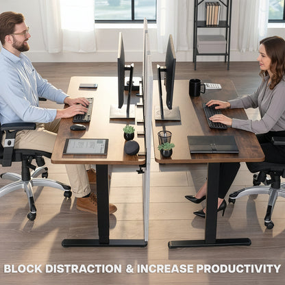 Two people working at separate desks with a gray desk partition and text 'Block Distraction & Increase Productivity'.