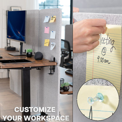 Gray office partition with sticky notes and a hand holding a notepad, with text 'Customize Your Workspace'.